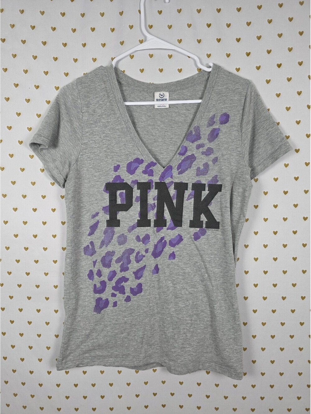 Victoria's Secret PINK Purple Leopard Cheetah V Neck Tee Shirt Large Gray
